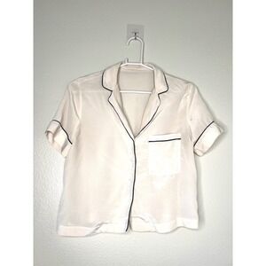 FRAME Silk Pajama Style Shirt Top Ivory Navy Piping Short Sleeve Button Front XS